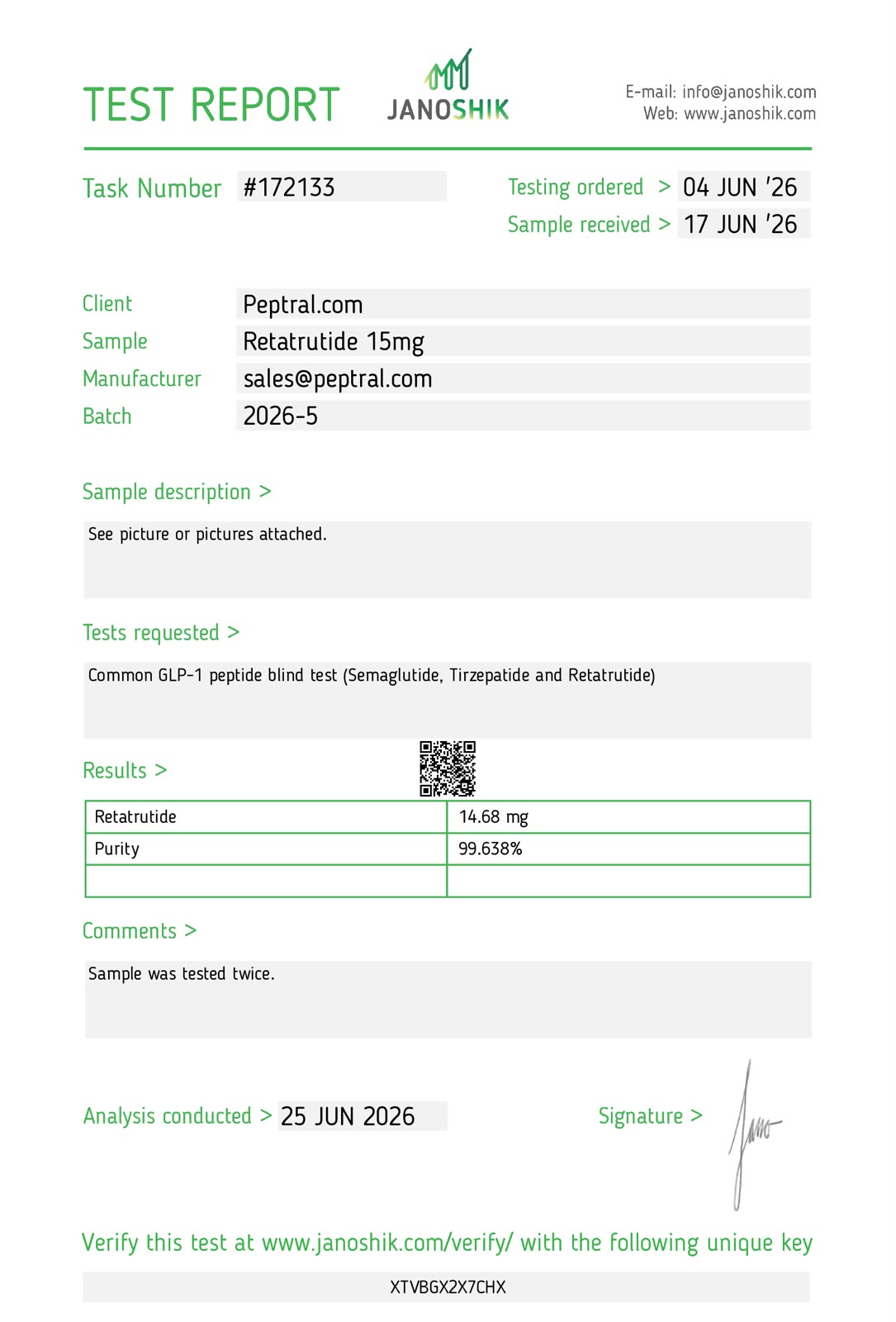 Janoshik Certificate of Analysis — Retatrutide 15mg, batch 2026-5, 99.638% purity